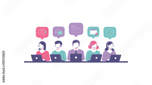 People Working on Laptops with Chat Bubbles in Office