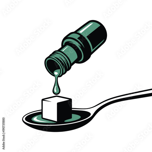A green liquid is being poured from a bottle onto a sugar cube on a spoon.