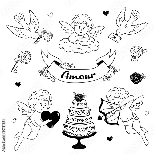 outline set of isolated love icons with Cupids and cake