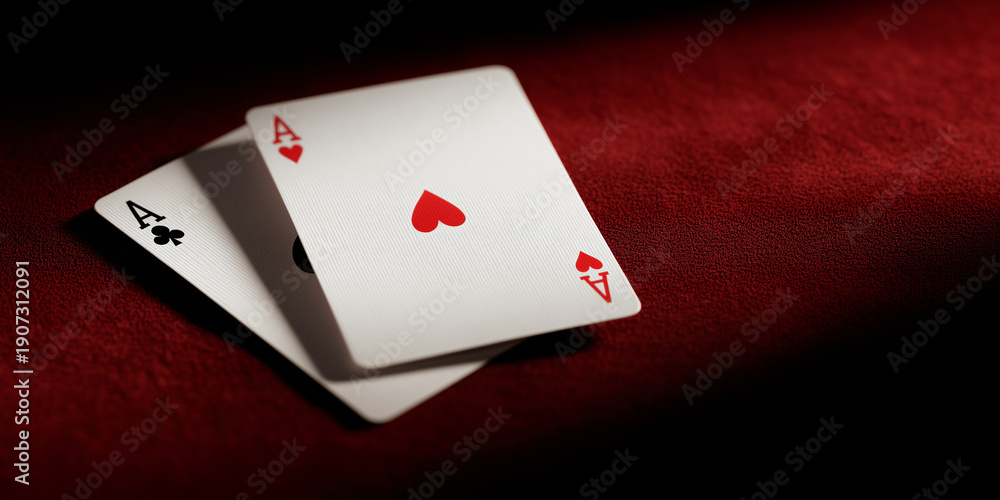 Obraz premium A pair of aces cards on a red surface with a dramatic light. Two playing cards, Ace of spades and Ace of hearts, lie side by side on a dark red table, ready for a winning play.