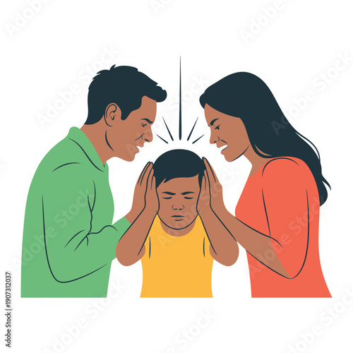 A stressed child covering his ears while his parents argue loudly on either side of him.