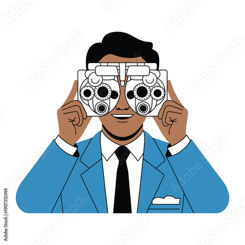 A smiling man in a blue suit holding an eye examination device up to his face for a vision test.