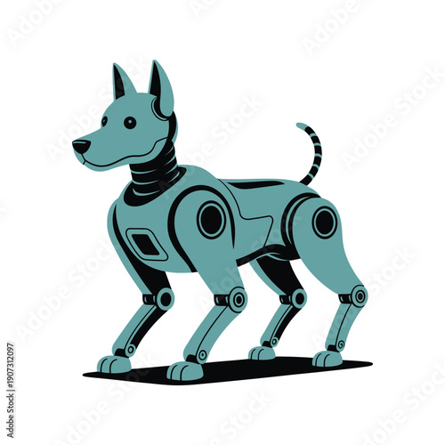 A robotic dog with a teal and black metallic body stands on a white background with a sleek and futuristic design