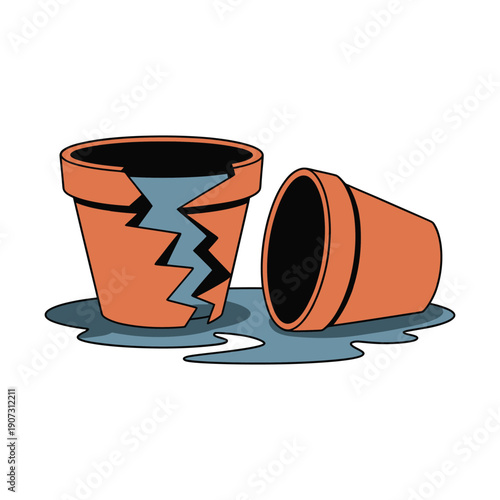 A broken terracotta pot lies shattered on the ground with water spilling out