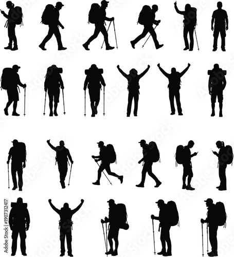 Silhouettes of hikers with backpacks and trekking poles walking on mountain trails for outdoor adventure wilderness exploration and nature travel activities.