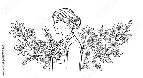 A doctor's portrait, with blooming flowers isolated on white background.generative ai