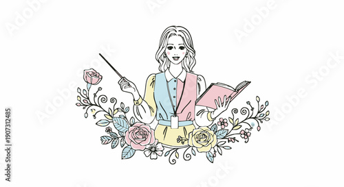 A Teacher Illustrated With Flowers and a book  isolated on white background.generative ai