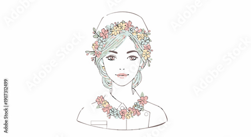 A beautiful girl wearing a floral crown and floral necklace with a soft, minimalist illustration style isolated on white background.generative ai