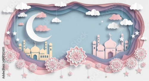 Eid Mubarak Greeting with Mosque and Crescent.