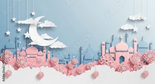 Ramadan Kareem Greeting with Pink Mosque Landscape.
