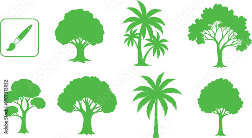 Set of Eight Green Tree Silhouettes with Paintbrush Icon, Representing Nature, Landscape Design, and Artistic Graphic Illustration Elements