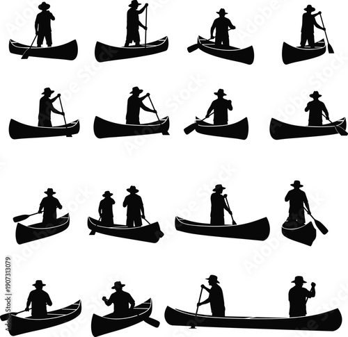Silhouettes of people paddling canoes and rowing boats on water for outdoor summer adventure recreation active lifestyle and nature exploration.