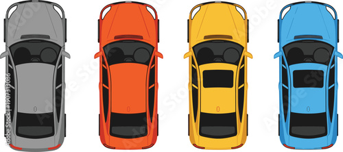 Set of Four Cars in Top-Down View Showing Gray, Orange, Yellow, and Blue Color Variants for Automotive Design and Marketing