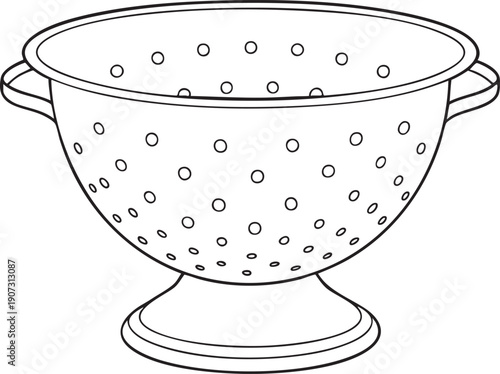 Perforated kitchen colander line art illustration for draining food and cooking utensil vector