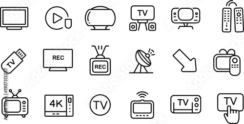 Modern television and media line icon set featuring smart TV, streaming, recording, broadcasting, remote control, satellite, and digital entertainment symbols