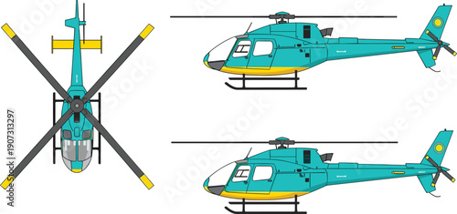 Set of Three Helicopter Illustrations in Teal and Yellow Showing Top and Side Views with Rotor and Fuselage Details