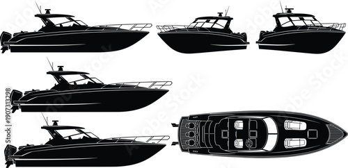 Set of Six Motor Yacht Silhouette Illustrations Showing Side, Front, and Top Views with Cabin, Radar, and Outboard Motors