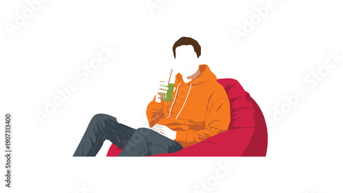 Man Sitting on Red Beanbag Chair Holding Green Can