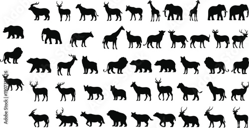 Photography Silhouette Vector Set of Wild Animals Featuring Elephants Lions Giraffes Bears a