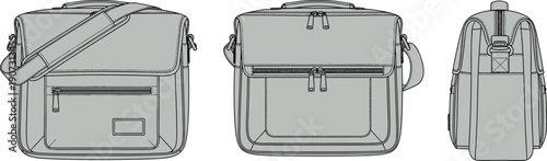 Technical Drawing Vector Set of a Messenger Bag and Crossbody Laptop Case Showing Front Back and Side Views for Product Design