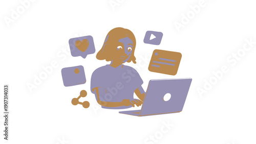 Woman Using Laptop with Social Media Icons
