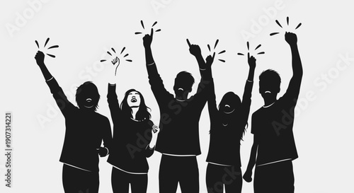 A group of happy people silhouettes in a vector illustration dance and jump with hands raised, showing a human evolution of fun from child to business professional at a music party