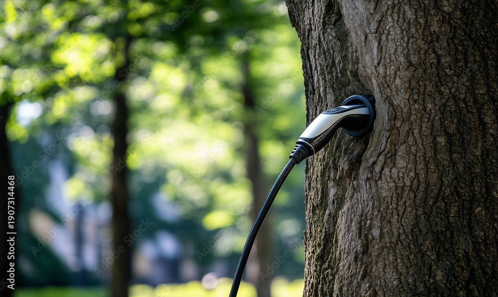 Naklejka premium electric car green energy concept, charging, green light and trees, environment