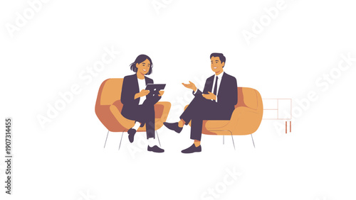 Businessman and Businesswoman Discussing on Couch