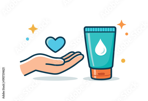 Everyday gentle care for hands after routine washing and cleaning tasks, a hand icon paired with a cream tube symbolizing moisture and skin comfort, conveying