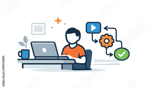 One person operators and solo founders running fully automated online businesses with no code AI systems, a compact home workspace icon with a laptop and a