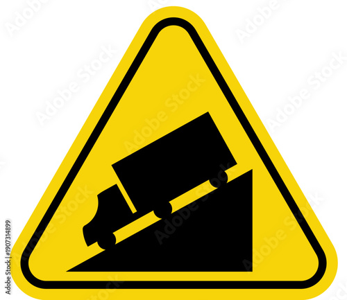 Warning sign for steep downhill grade with truck symbol yellow triangle road safety alert for steep slope isolated on white background