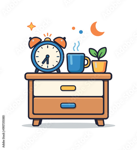 Daily habit of preparing a calm and organized morning start in everyday home life, a bedside table paired with an alarm clock representing readiness and smooth