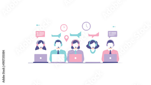 Four People Wearing Headsets Working on Laptops in Office