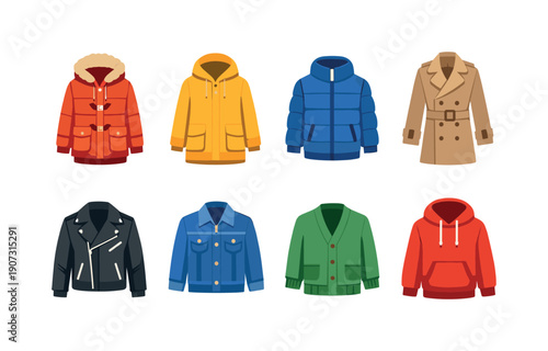 Outerwear clothing essentials flat style: winter coat, raincoat, puffer jacket, trench coat, leather jacket, denim jacket, wool cardigan, hoodie