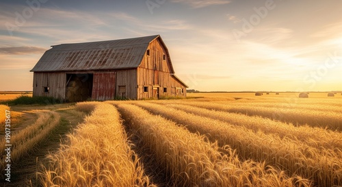 An old rustic wooden barn standing in a golden wheat field during a warm sunset. A peaceful countryside landscape with hay bales in the distance