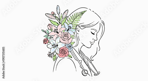 A delicate line drawing of a nurse adorned with flowers, symbolizing care and compassion isolated on white background.generative ai