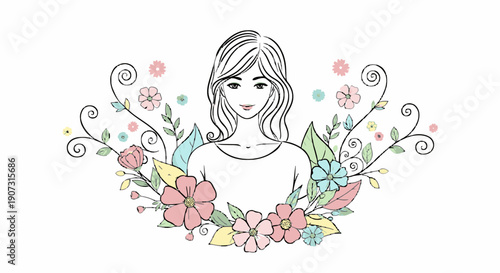 A delicate illustration of a woman embraced by floral elements, exuding elegance and grace. The drawing showcases a woman surrounded by flowers. isolated on white background.generative ai