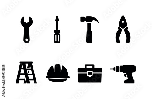 Maintenance  Repair in silhouette style: wrench, screwdriver, hammer, pliers, ladder, safety helmet, toolbox, drill