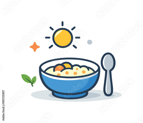 Calm daily habit of preparing a simple and nourishing breakfast without rush or pressure, a bowl paired with a spoon and small sun icon representing gentle