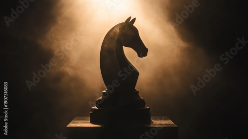 Illuminated chess knight piece in smoky darkness.