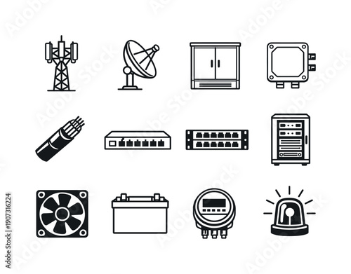 Communication infrastructure hardware in linear style: cell tower, signal antenna, street cabinet, junction box, fiber optic cable, network switch, patch panel