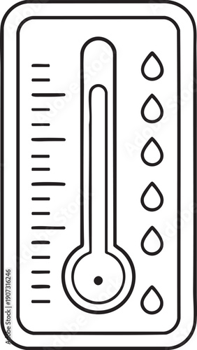 Thermometer with water drops line art icon for humidity climate data reading and environmental measurement design