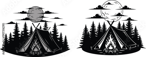 Vintage camping silhouette illustration with a tent campfire pine trees and a full moon in the night sky for outdoor adventure