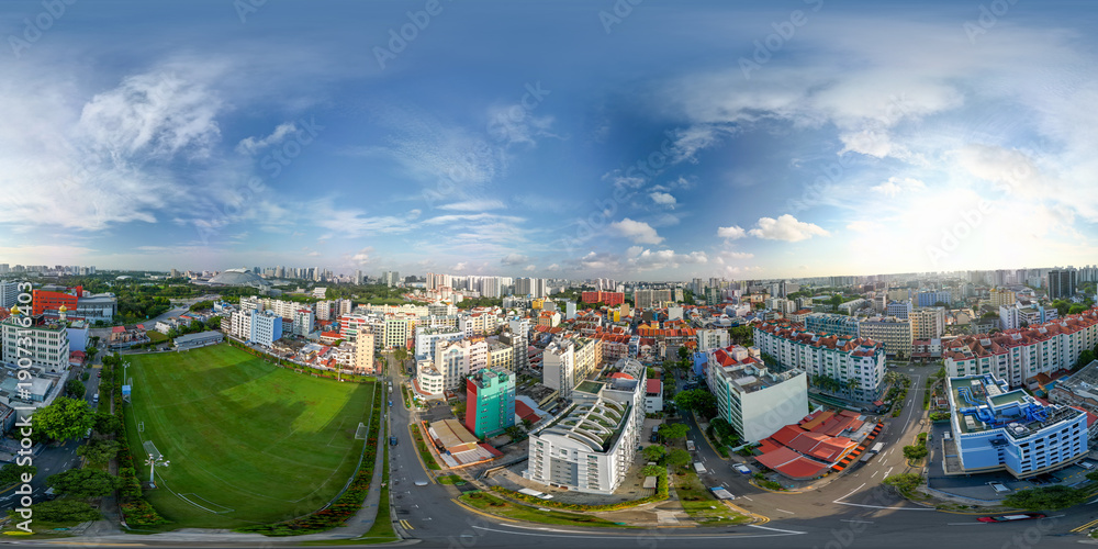 Obraz premium 360-degree aerial spherical panorama of Singapore city skyline from a city park with modern skyscrapers and urban greenery