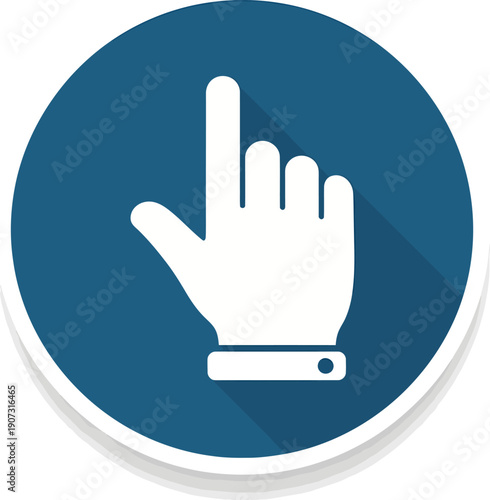 A flat design hand cursor icon with a long shadow for clicking or selecting on a website.

