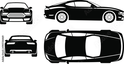 Black sports car silhouette set from multiple views including front side rear and top angles, modern vehicle outline vector illustration isolated on white background