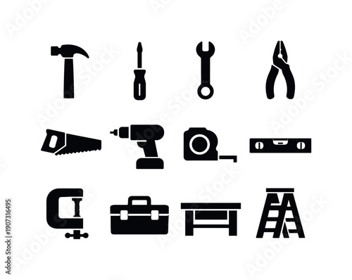 Garage tool assortment: hammer, screwdriver, wrench, pliers, hand saw, drill, tape measure, level, clamp, toolbox, workbench, ladder