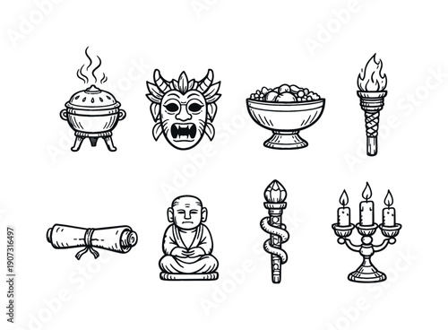 Ritual and ceremonial artifacts doodle hand-drawn vector style: incense burner, mask, offering bowl, torch, scroll, statue, ceremonial staff, candle holder