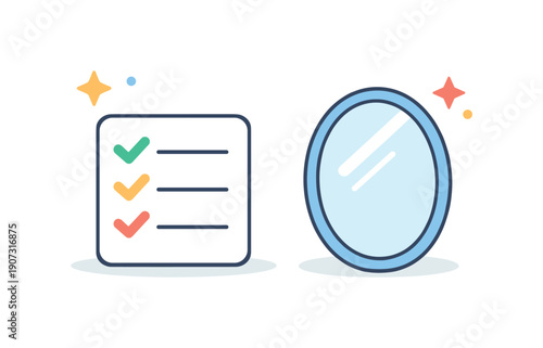 Quiet accountability and self guided responsibility in independent work without supervision, a single checklist card paired with a subtle mirror icon indicating