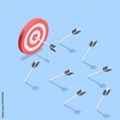An isometric vector target with an arrow and nearby arrows that missed, in color on a blue background, a business concept about achieving success through a series of failures.